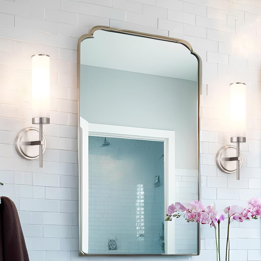 Brushed Nickel Wall Sconces Set Of 2  Modern Bathroom Sconces Wall Lighting With Opal White Glass  Vanity Light Fixtures For Bathroom  Wall Mount Lights For Living Room Bedroom Hallway  Hardwired