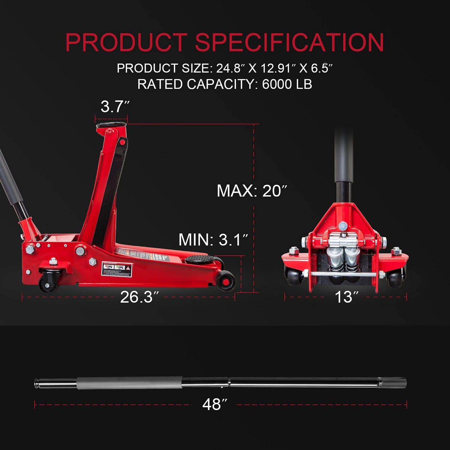 Big RED 3 Ton Dual Hydraulic Pump Floor Jack, 7-Pump Lift (3.125"-20") for Cars/Trucks/SUVs, Low-Profile Heavy-Duty 6600lbs Steel Jack with Overload Protection & 1-Year Warranty