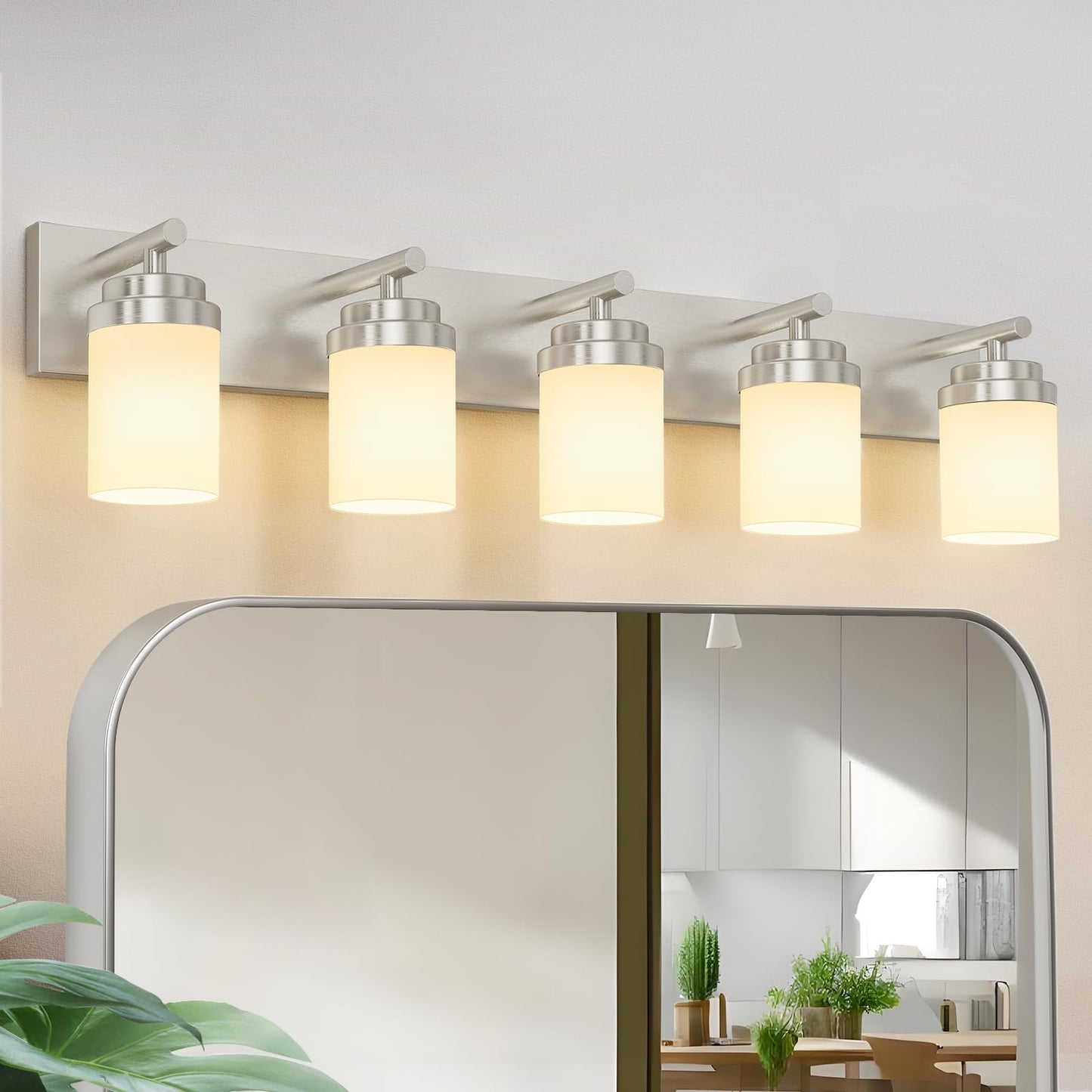 Izorro Bathroom Vanity Light Fixture  5-Light 36 Inch Brushed Nickel Bathroom Light Fixtures Over Mirror  With White Glass Shade  Modern Farmhouse Vanity Lights  Rustic Restroom Lighting Fixtures