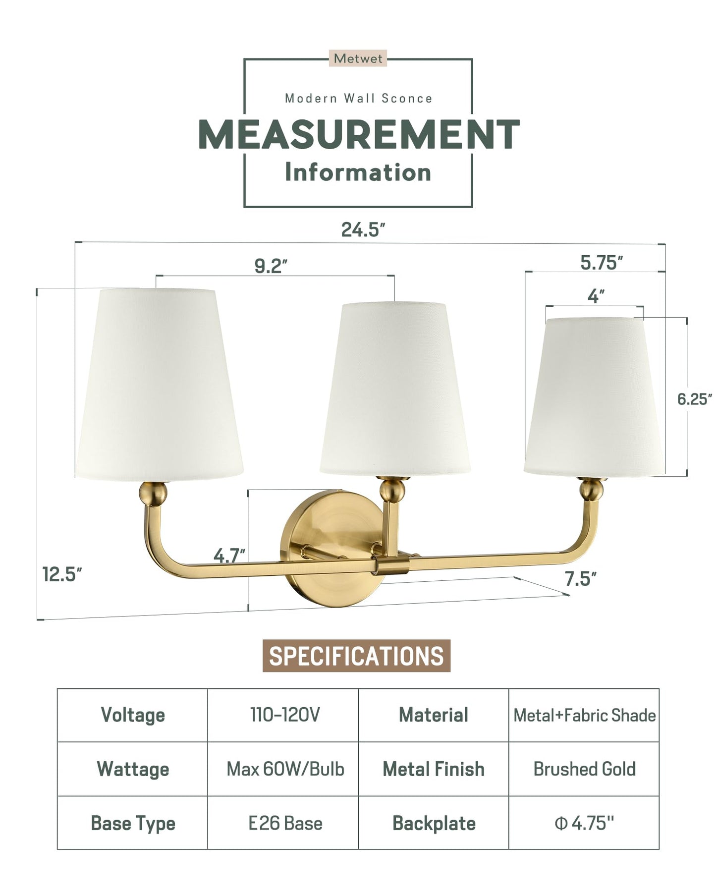 Metwet Bathroom Light Fixtures  Brushed Gold Vanity Lights With Beige Fabric Shade  3-Light Wall Sconce  Modern Sconces Wall Lighting For Hallway Bedroom  Vl837-Bg-B-3