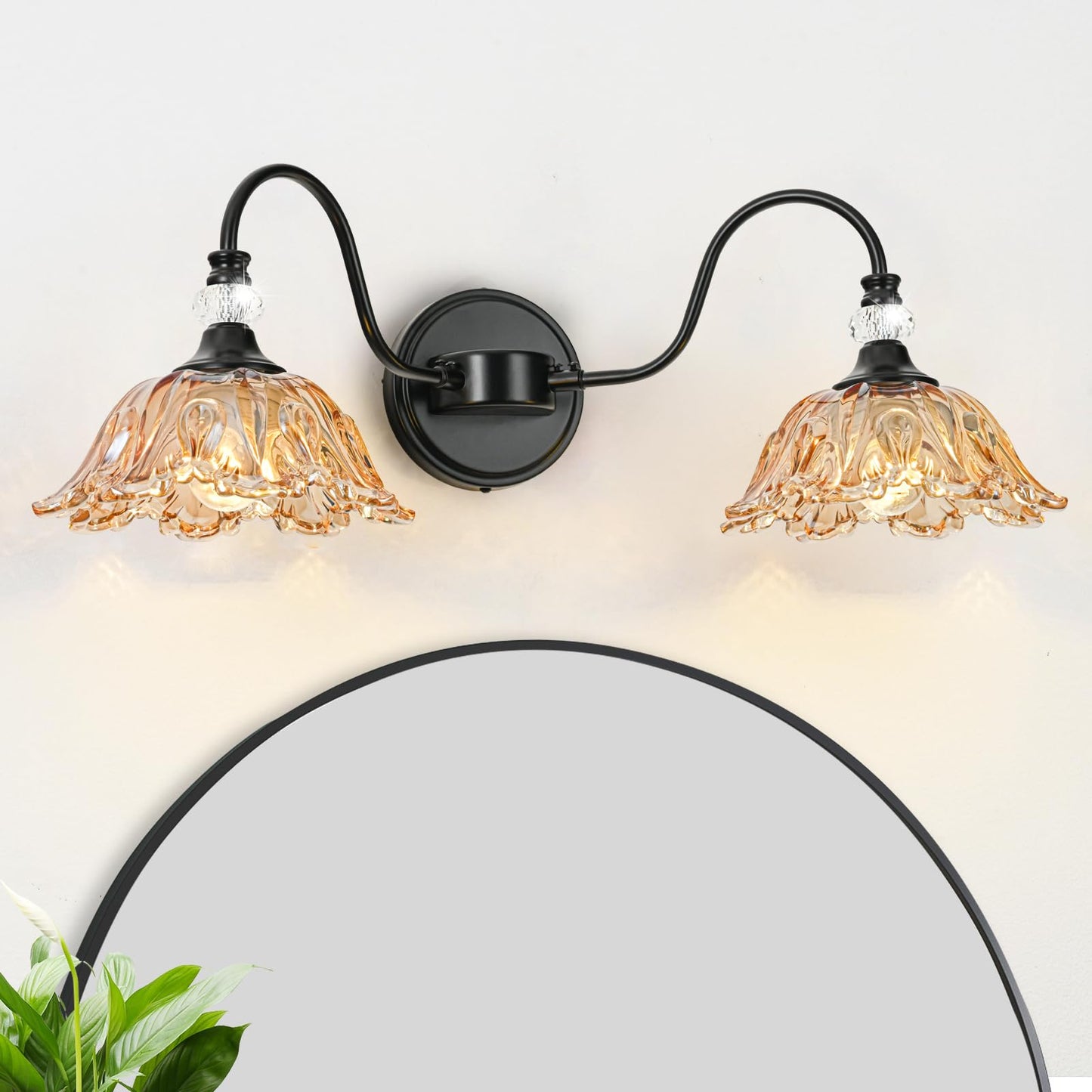 Sunkryster Black Bathroom Vanity Light  2-Light Vanity Light With Floral Amber Glass Shades Vintage Farmhouse Wall Mount Lighting For Bathroom  Dressing Table