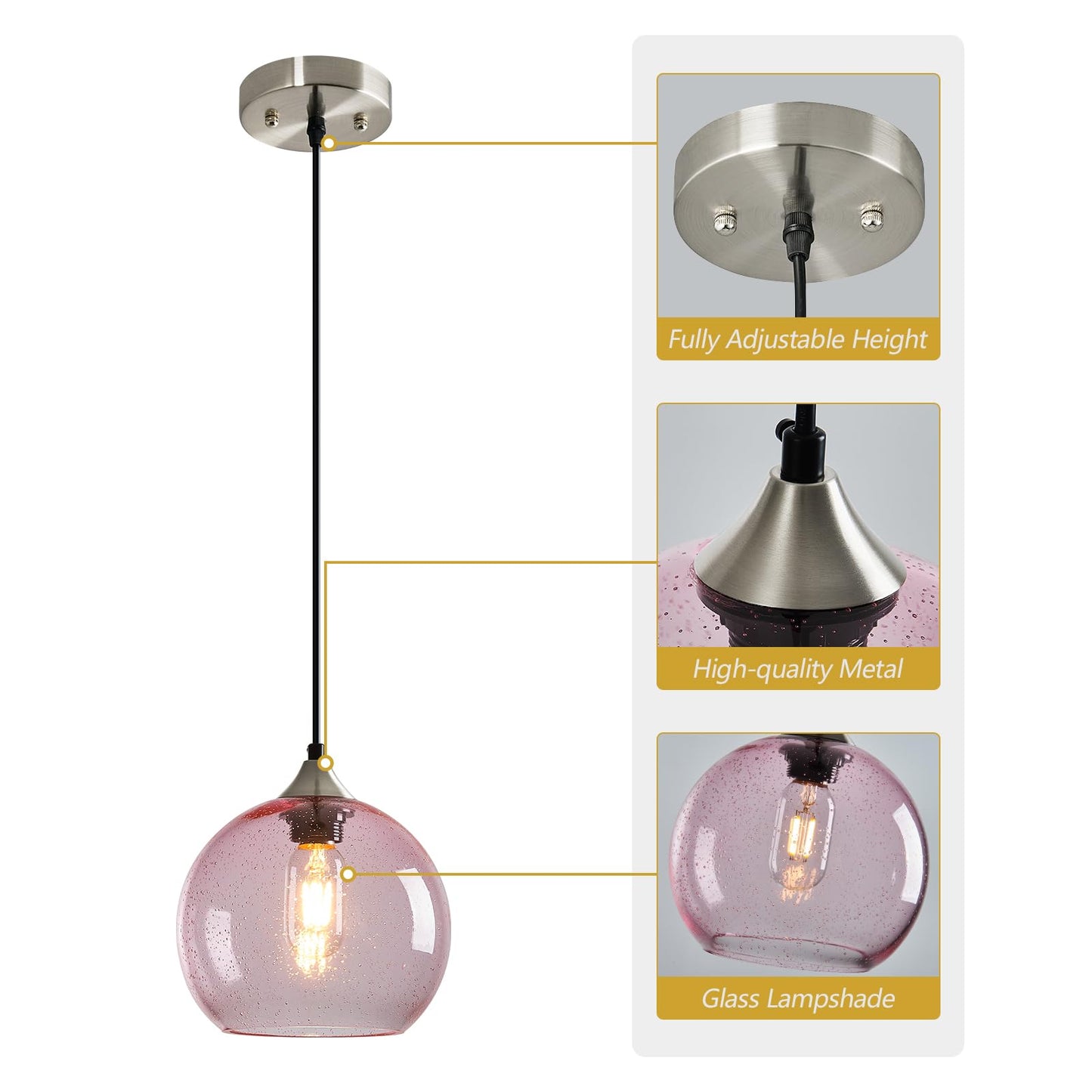 Lbsqj Pink Glass Pendant Lights Kitchen Island Lighting Globe Pendant Light Fixtures Modern Pendant Lighting For Bedroom Living Dining Room Light Fixture (7.87 In  3 Pack)