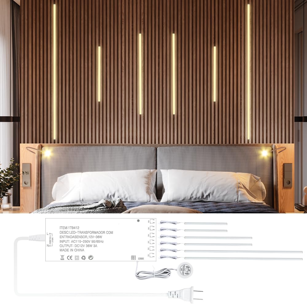 Cubitor Led Recessed Lighting Kit 6 Pack Self-Adhesive Cob Led Light Bar  Warm White 3000K  With Touching Switch  For Wood Slat Wall Panels Headboards Home Decor.Silver Channel 2Pcs*(16In+24In+40In)