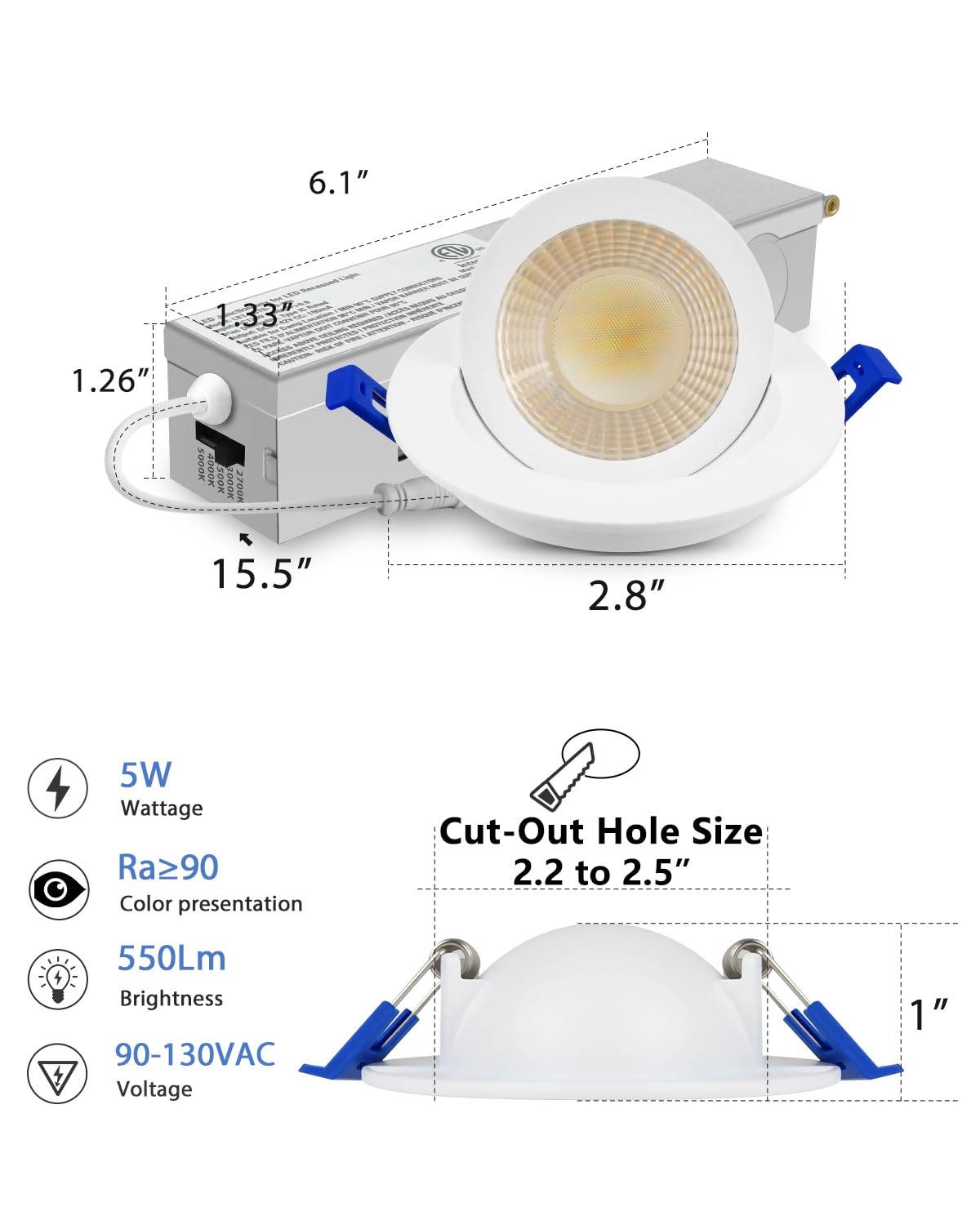 Adetu 2 Inch 5Cct Gimbal Led Recessed Lighting With Junction Box  360?90?Adjustable Recessed Can Lights  2700K/3000K/3500K/4000K/5000K Selectable  5W Eqv 50W  550Lm Brightness - Etl (White 6 Pack)