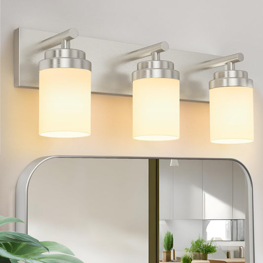 Izorro Bathroom Vanity Light Fixture  3-Light 22 Inch Brushed Nickel Bathroom Light Fixtures Over Mirror  With White Glass Shade  Modern Farmhouse Vanity Lights  Rustic Restroom Lighting Fixtures