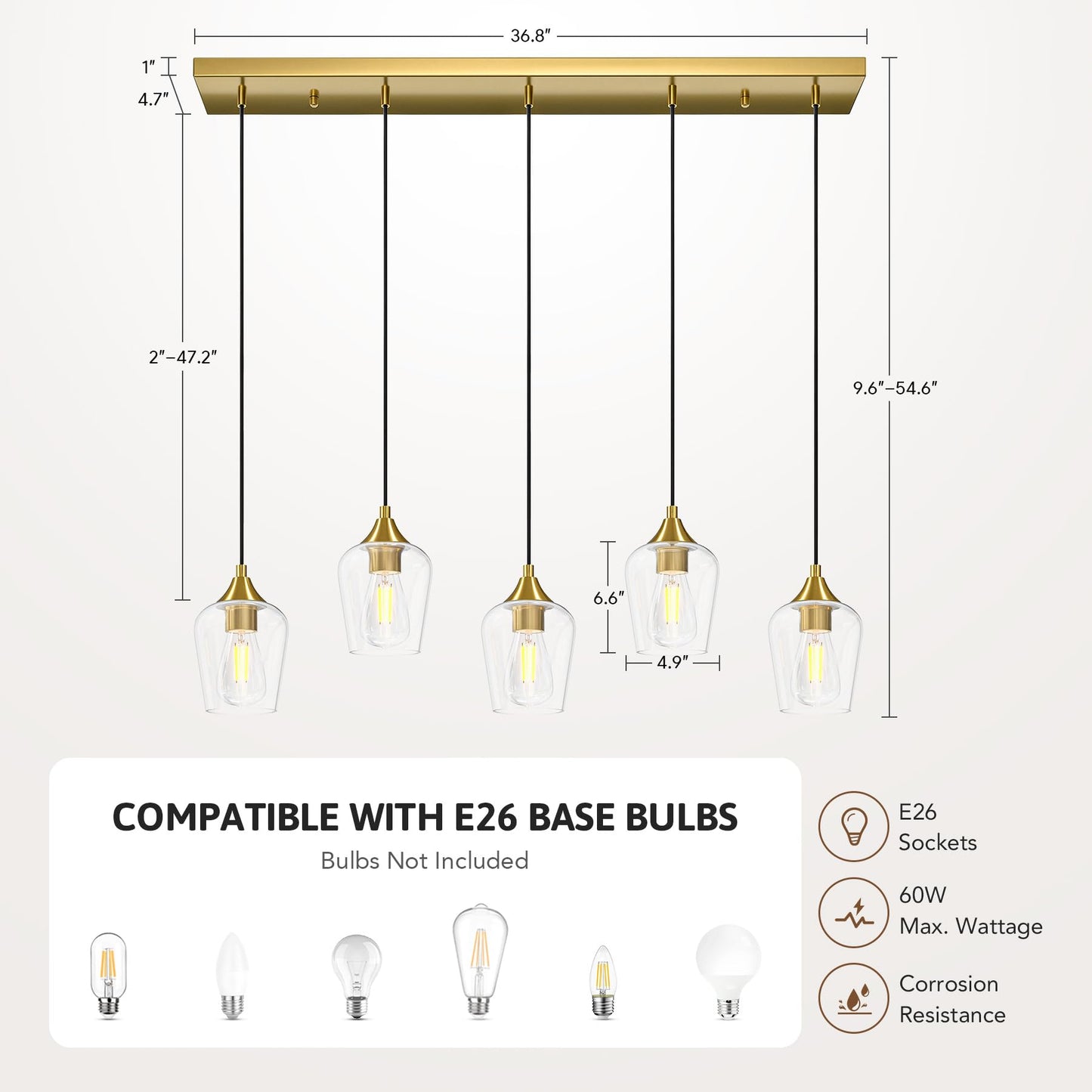 Vonluce 5-Light Pendant Light Kitchen Island  Pendant Light Fixture With 10-55 Height  Modern Pendant Lighting With Wine Glass Shades For Living Room Hallway  Brushed Gold  Etl Certificated
