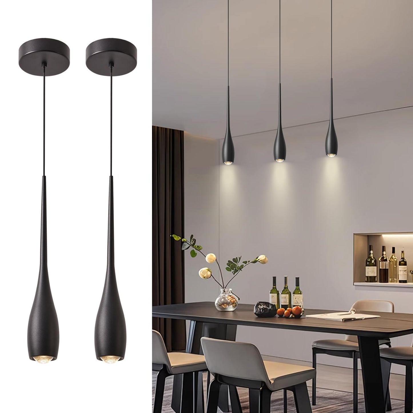 Julin Home Black Pendant Lights Kitchen Island  Modern Led Pendant Light Fixtures  Small Mini Pendant Lighting Dimmable Hanging For Bathroom  Bar  Dining Room  Bedroom(2-Pack)