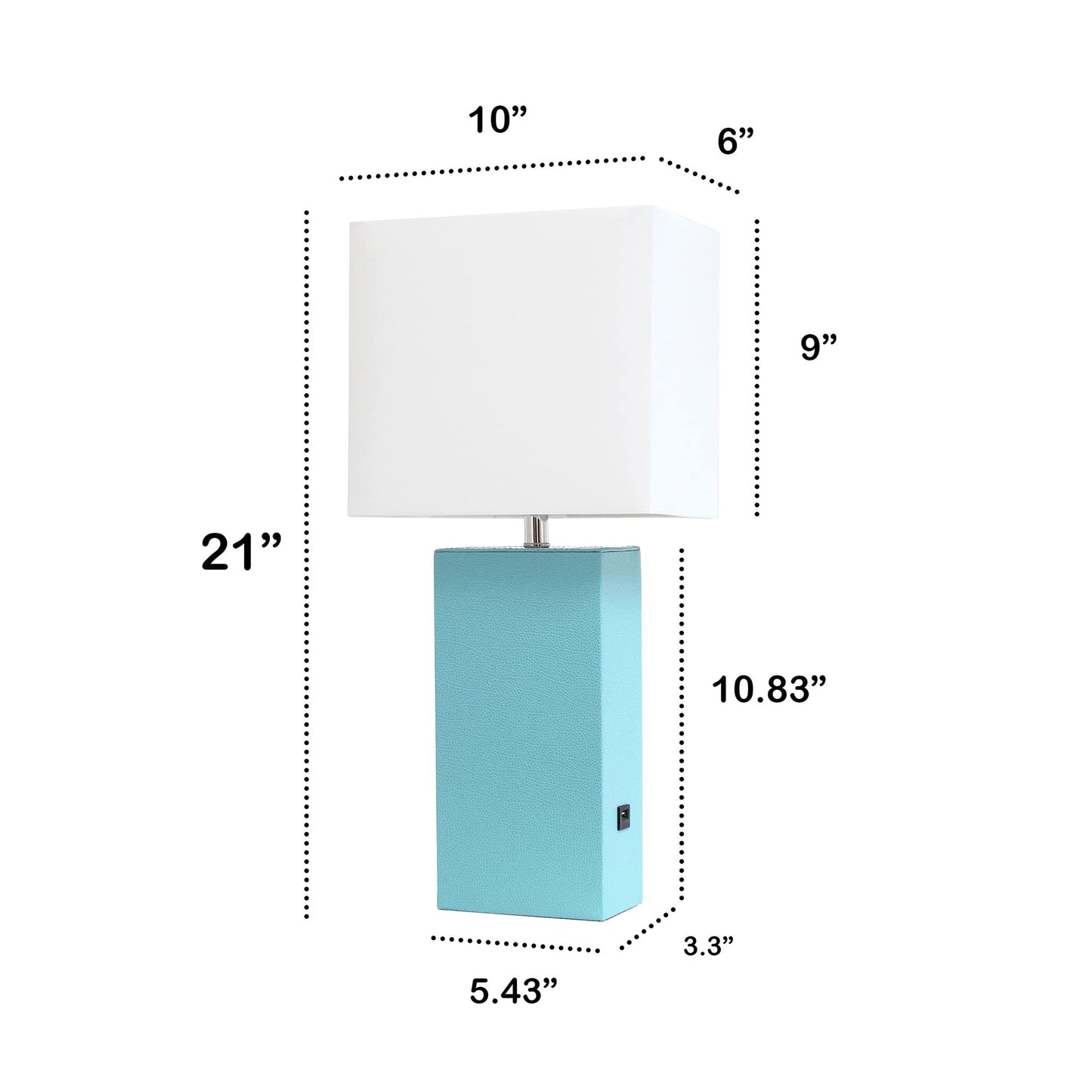 Lalia Home Bedside Table Lamp with USB Charging Port, 21in Aqua Leather Base, White Fabric Shade, Model 1270-LHT-3012-AU