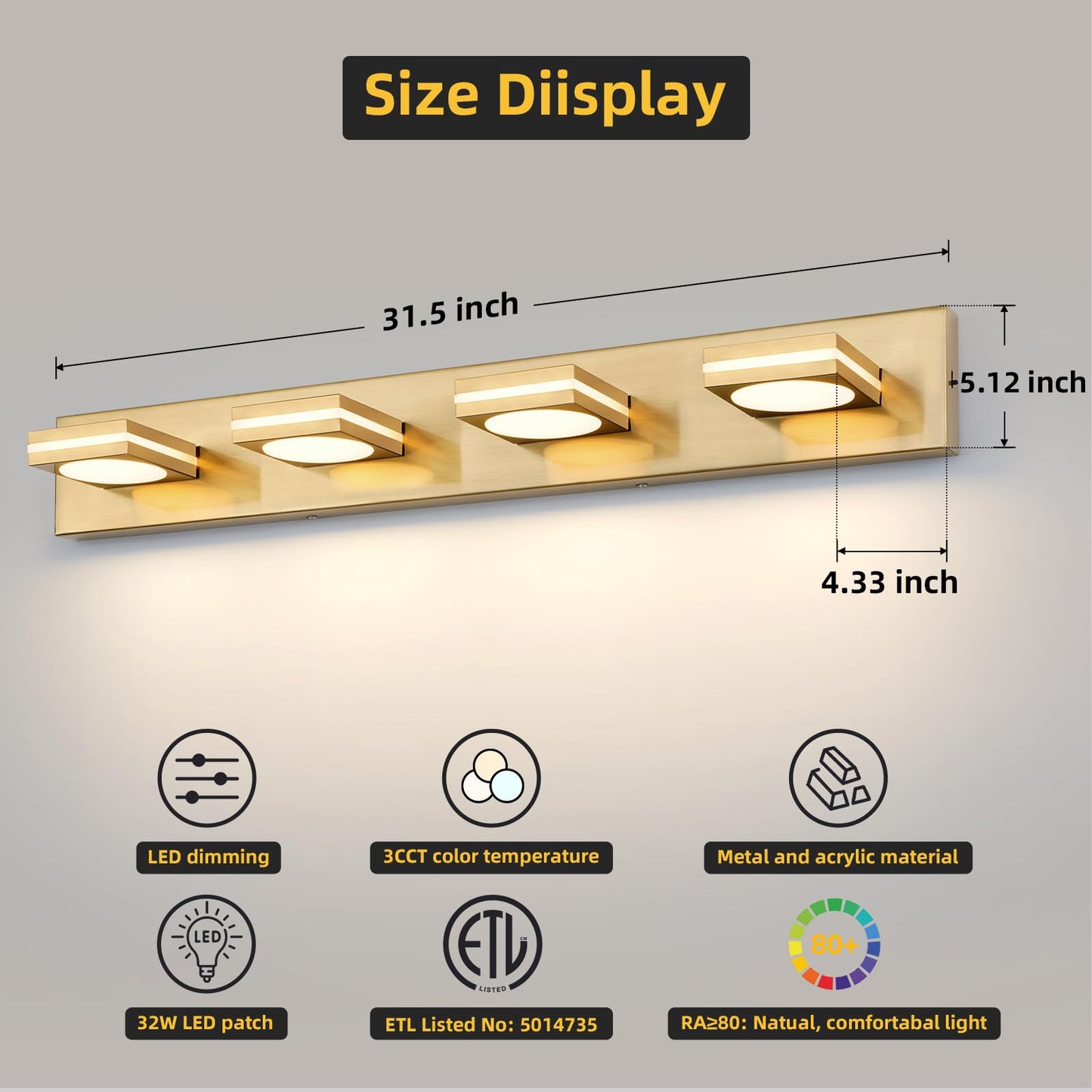 Okeli 4-Light Led Bathroom Vanity Light Fixtures  Gold Modern Bathroom Wall Lighting Fixtures Over Mirror (3Cct  3000K-6000K)