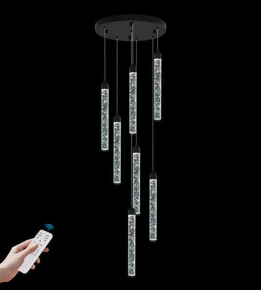 7-Lights High Ceiling Crystal Staircase Chandelier Black Pendant Lights Modern Spiral Raindrop Dimmable Led Bubble Cluster Ceiling Hanging Lighting Fixture For Foyer Living Room Remote Control