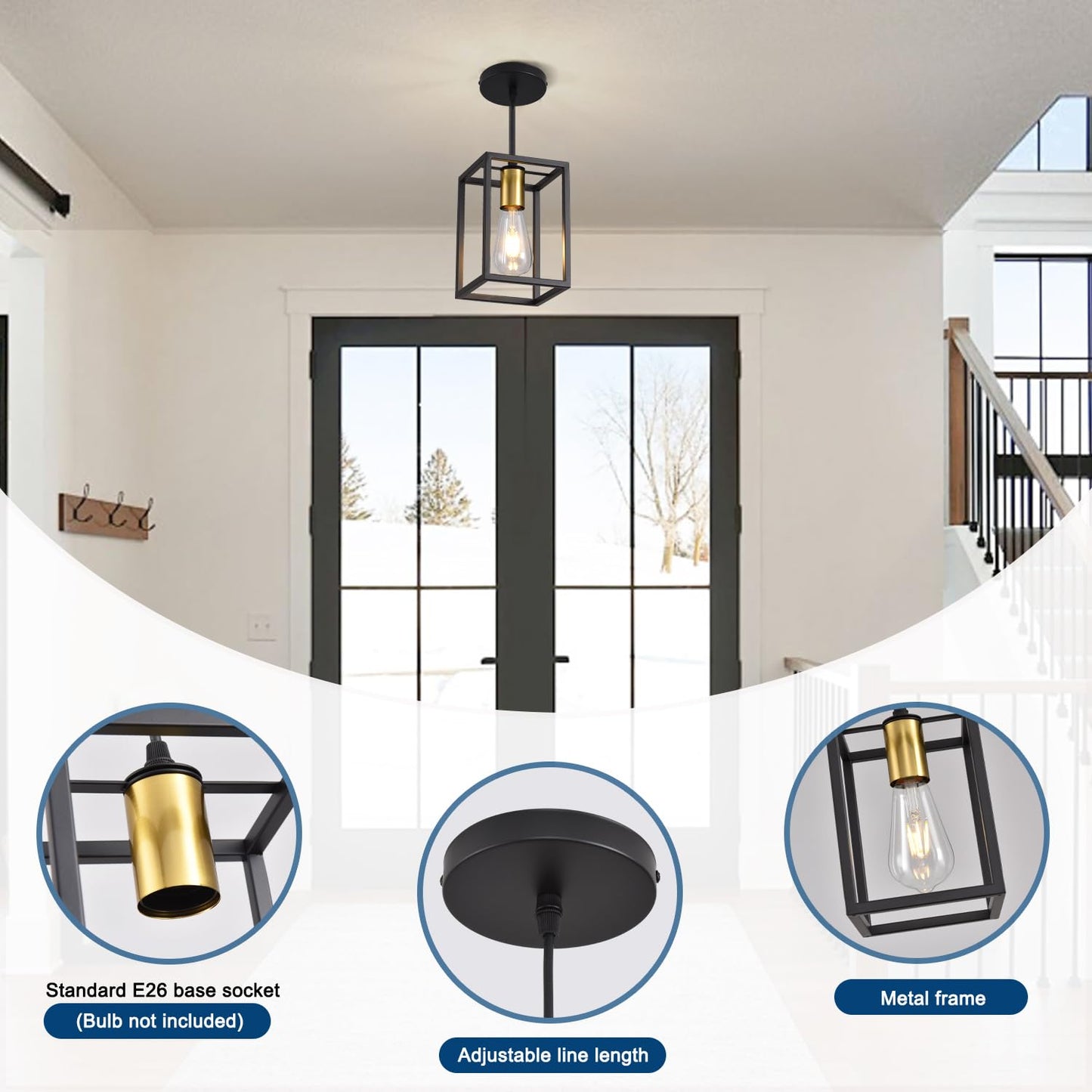 Aojunsansan Black Pendant Lights For Kitchen Island Industrial Lantern Pendant Light Fixtures With Golden Lamp Cup  Farmhouse Adjustable Height Hanging Pendant Lighting