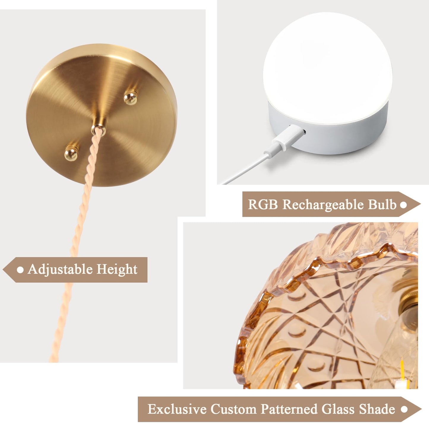 Battery Operated Pendant Light Vintage Light Fixtures 2500Mah 9.4In Rgb Light Bulb Amber Modern Chandelier With Remote Control Wireless Adjustable Rechargeable Chandelier For Kitchen Island 1Light
