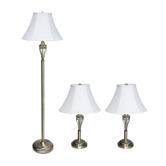 Lalia Home 3 Piece Metal Lamp Set - 2 Table Lamps & 1 Floor Lamp, Antique Brass Finish, White Empire Fabric Shades, Model 1270-LHS-1002-AB