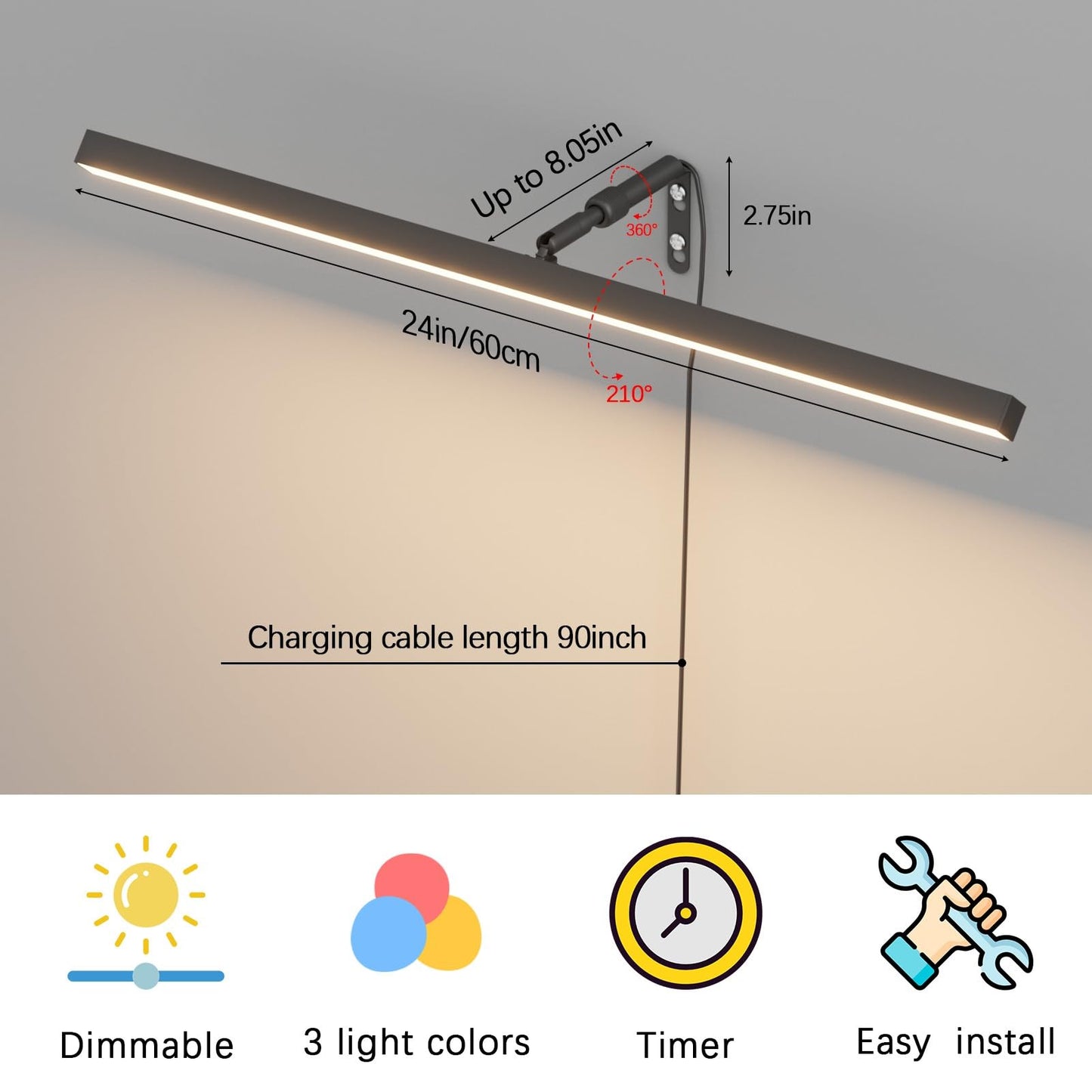 Coinmit 24 Plug In Picture Light For discomfort-reducingtings With Remote Control  9W Led Art Display Lighting For Gallery  Dartboard  Artwork  Black Wall Mounted Picture Frame Light
