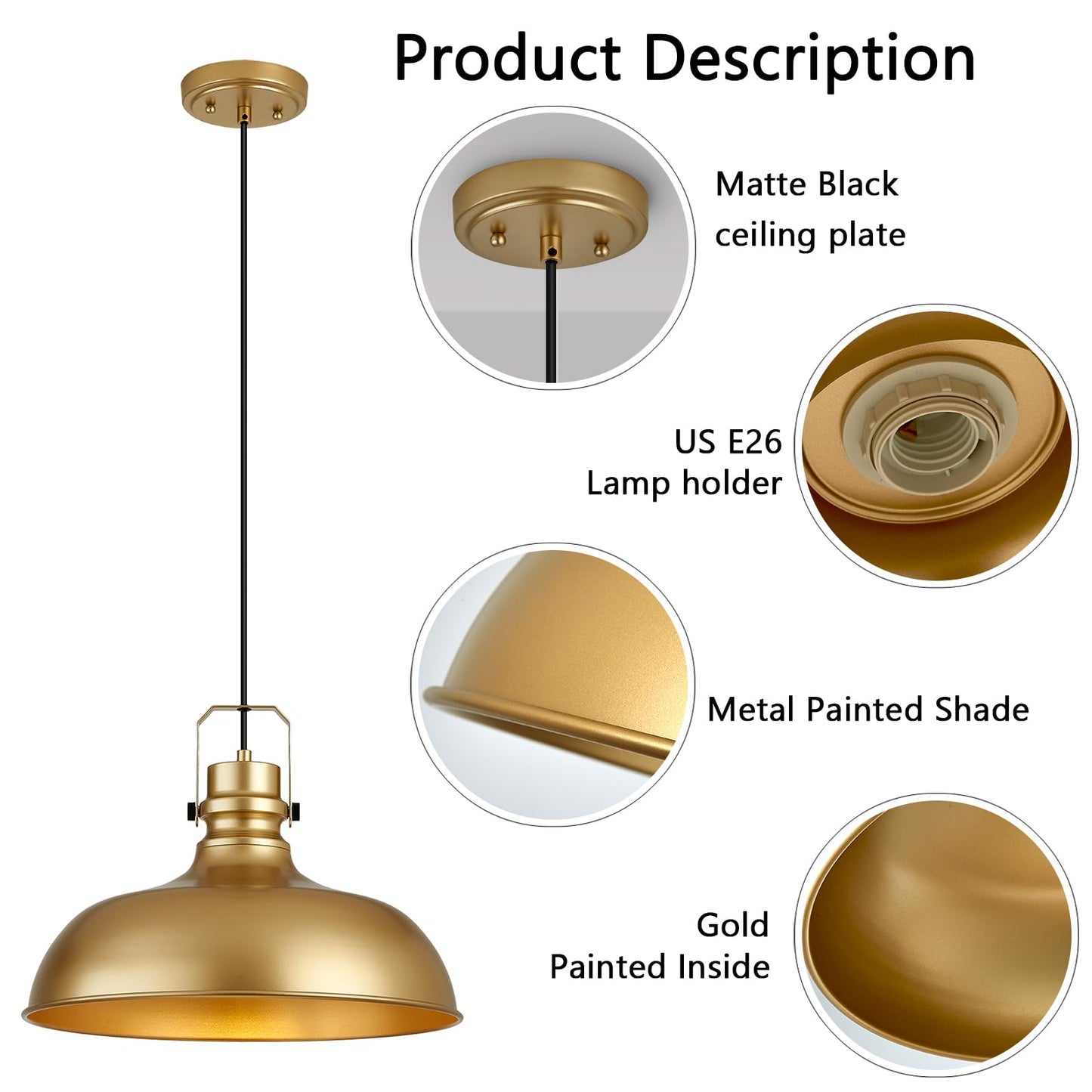 Alaislyc Gold Farmhouse Pendant Lights 16 Inch Matte Pendant Lighting For Kitchen Island Industrial Adjustable Height Vintage Dome Hanging Light Fixtures For Barn  Dining Room 1 Pack