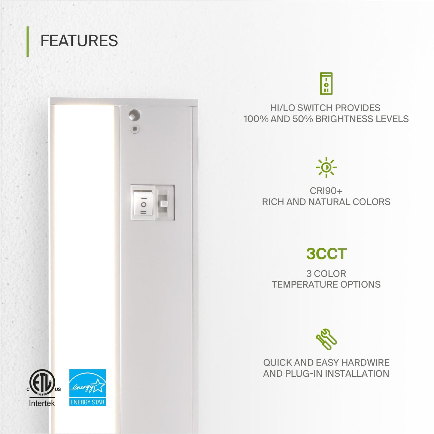 ASD LED Under Cabinet Lighting, Dimmable, 40 Inch, 3 Color Levels (2700K/3000K/4000K), Hardwired/Plug-in, Aluminum, White