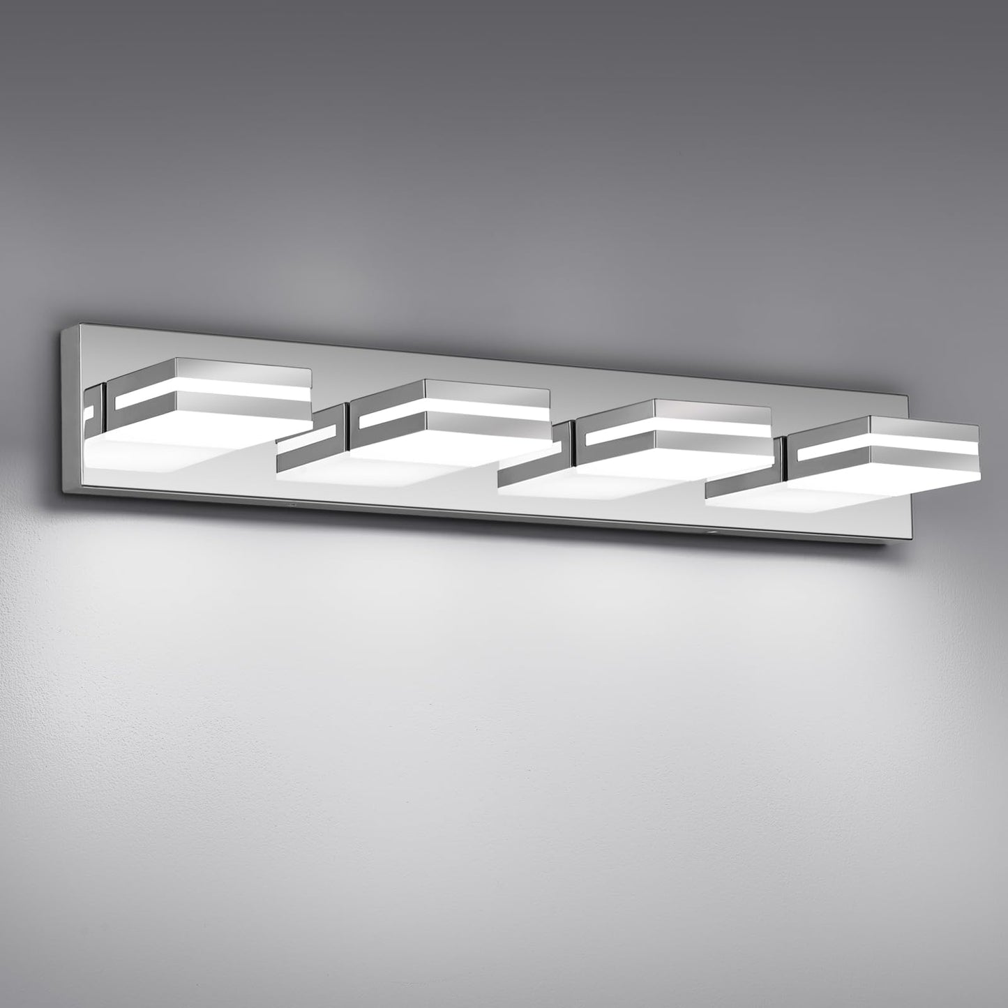 Jzekvn Modern Led Bathroom Lights Fixtures(4-Light) Stainless Steel Chrome Acrylic Wall Lighting Vanity Lights For Bathroom Over Mirror(6000K 27In