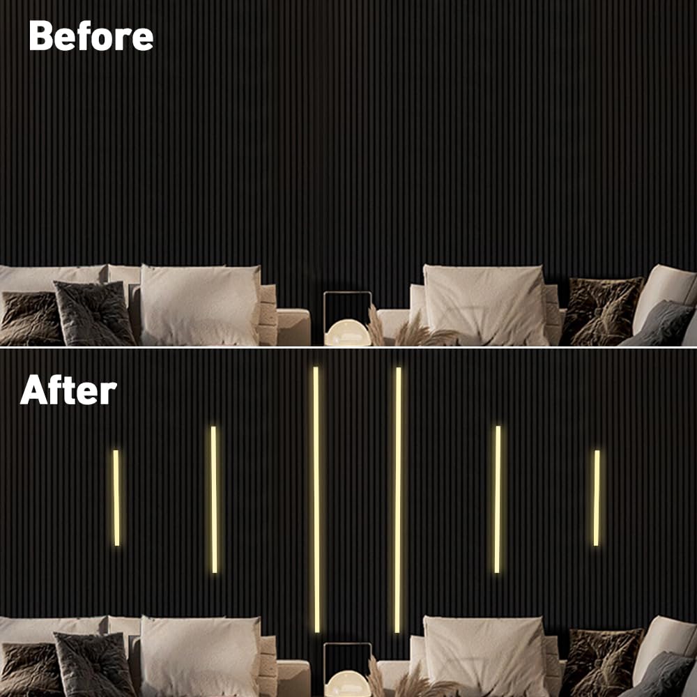 Cubitor Led Recessed Lighting Kit 6 Pack Self-Adhesive Led Light Bar  Warm White 3000K  With Touching Switch  For Wood Slat Wall Panels Indoor Wall Home Decor. Black Channel 2Pcs*(16In+24In+40In)