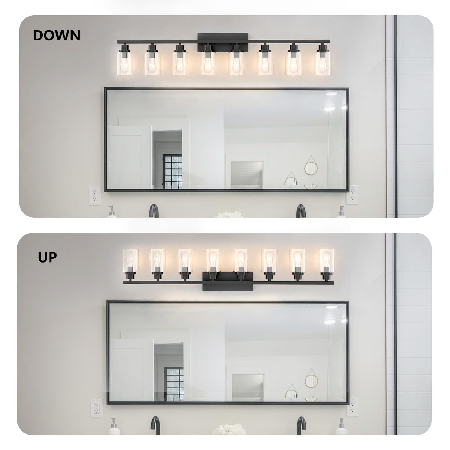 Hccz 8 Light Black Bathroom Vanity Light Fixture  Long Farmhouse Vanity Lights Over Mirror Modern Large Bathroom Lighting Wall Light With Clear Glass Globe For Mirror Living Room Bedroom
