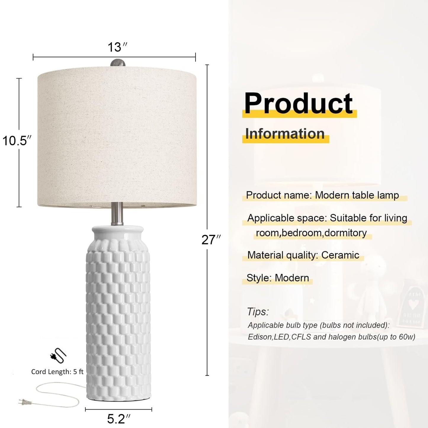 Usumkky 27 White Modern Ceramic Living Room Lamps Bedside Lamp Set Of 2 For Bedroom Decor Farmhouse Table Lamp For Living Room Office Dorm
