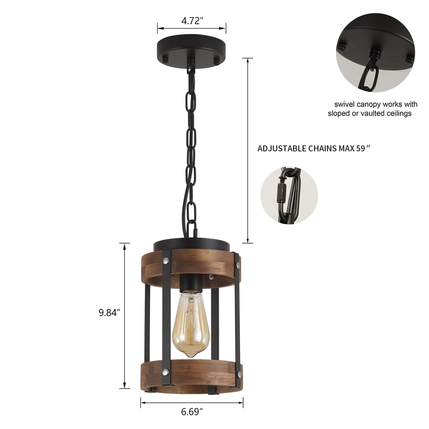 2 Pack Rustic Farmhouse Wood Pendant Light Fixture One-Light Adjustable Chain Oak Wood And Metal Drum Cage Small Pendant Lighting For Kitchen Island Sink Hallway Farmhouse Bathroom Bar  Black