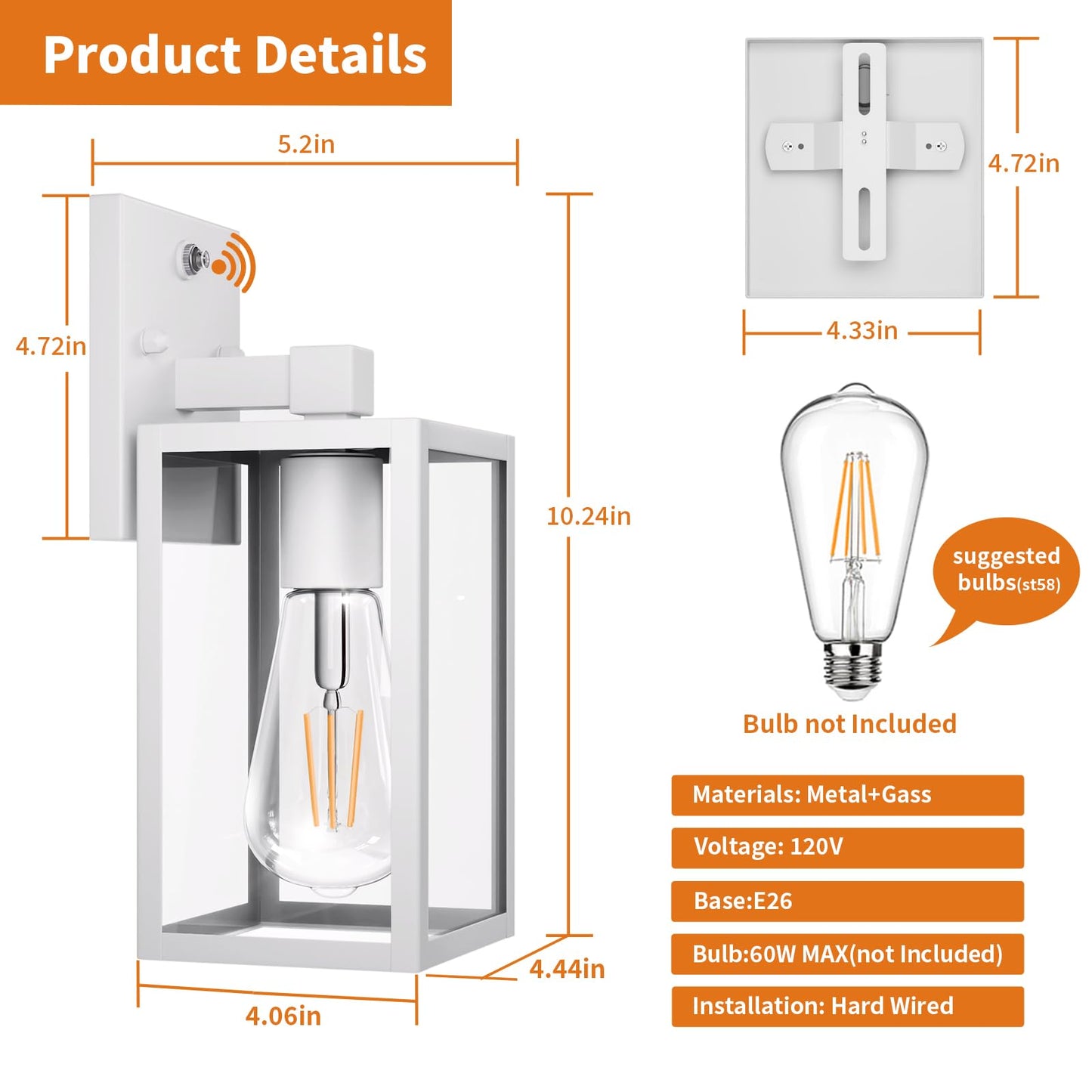 2 Pack White Dusk To Dawn Front Porch Lighting Fixtures Wall Mount  Sensor Outside Exterior Lights For House  Outdoor Lantern Lamp  Waterproof Wall Sconce Lights  Black Coach Light For Garage Entryway