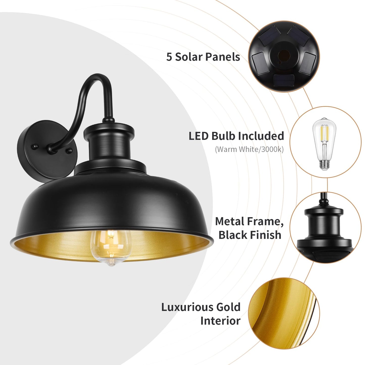 Diyel Solar Barn Light For Outside  Gooseneck Outdoor Wall Lights Solar Powered  Farmhouse Exterior Wall Sconce  Industrial Outside Lighting Fixture  Rustic Lantern For Garage  Barn  Shed  Rzsr007 Bk
