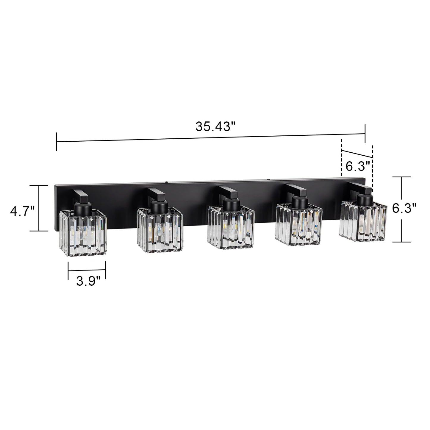Huoku 35.43 Black Crystal Bathroom Vanity Light 5-Lights Modern Bathroom Lighting Fixtures Over Mirror  Crystal Wall Light