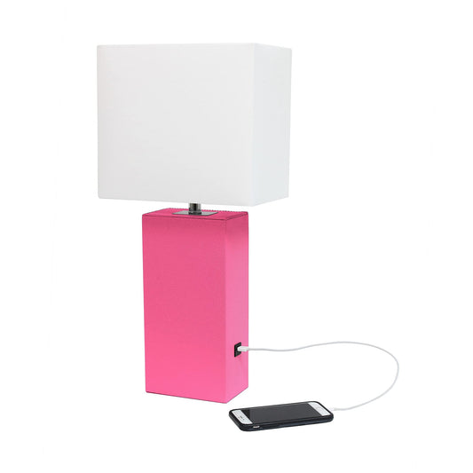 LALIA HOME Bedside Table Lamp with USB Charging Port, 21in, Hot Pink, MDF/Leather, Model LHT-3012