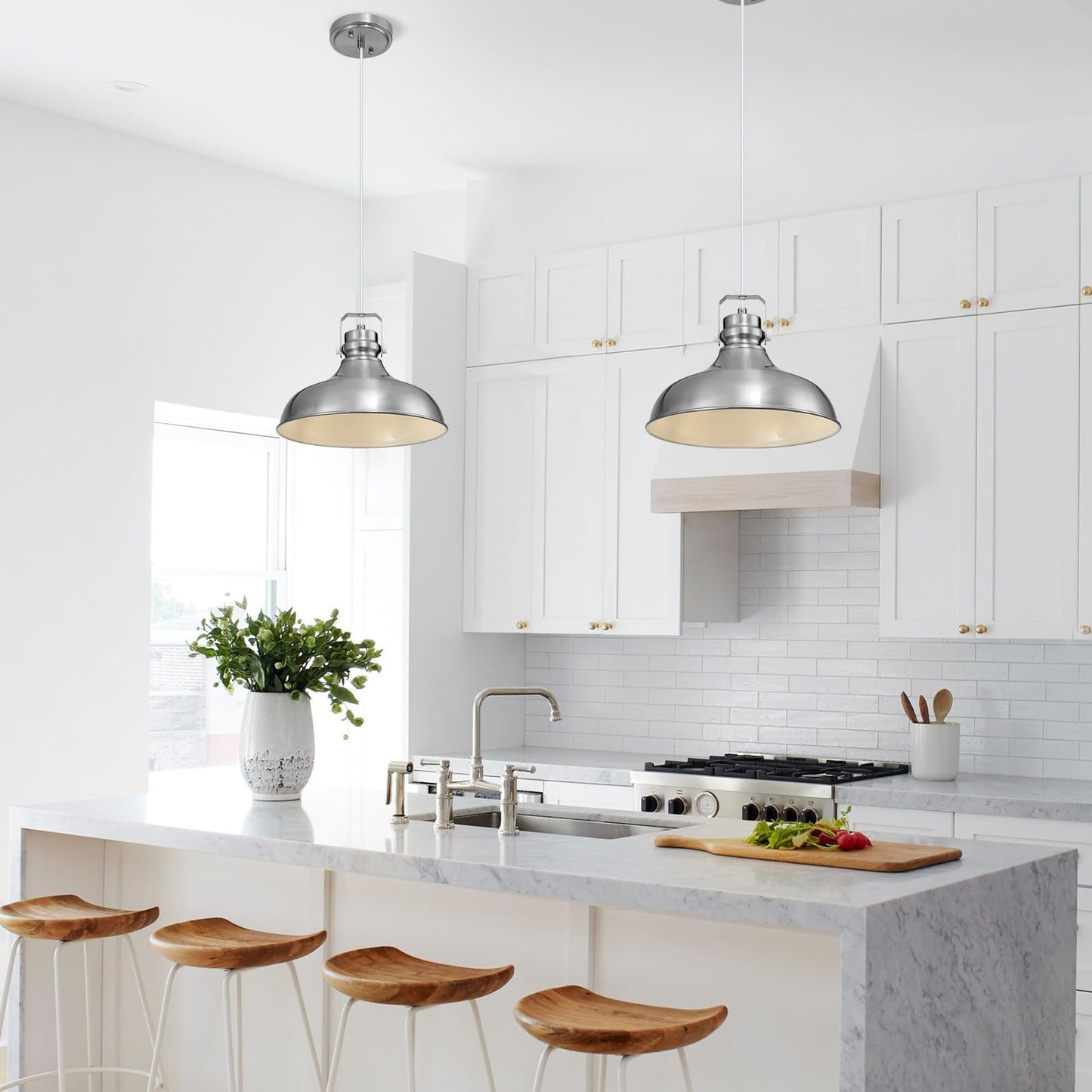 Alaislyc Brushed Nickel Farmhouse Pendant Lights Matte Pendant Lighting For Kitchen Island Industrial Adjustable Height Vintage Dome Hanging Light Fixtures For Barn  Dining Room 3 Packs