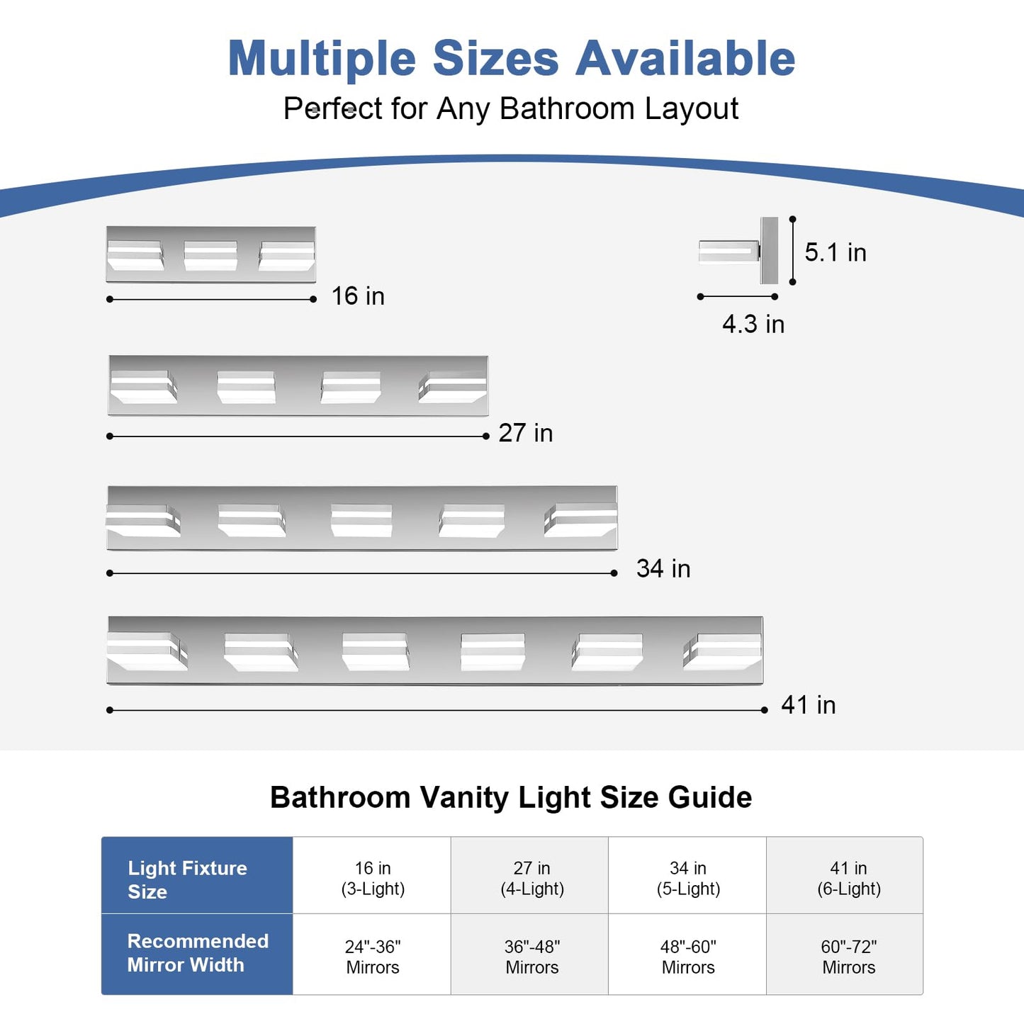 Jzekvn Modern Led Bathroom Lights Fixtures(6-Light) Stainless Steel Chrome Acrylic Wall Lighting Vanity Lights For Bathroom Over Mirror(6000K 41In