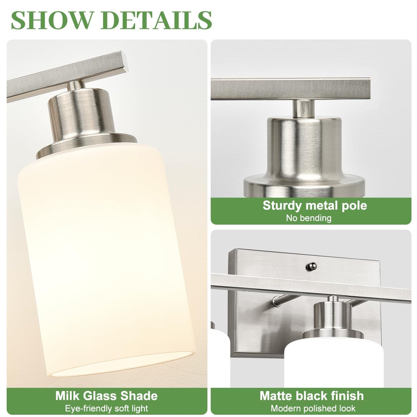 3-Light Bathroom Light Fixtures  Brushed Nickel Vanity Light With Milky White Shades  Bathroom Lighting Fixtures Over Mirror  Modern Bathroom Wall Lamp For Mirror Living Room Cabinet Bedroom