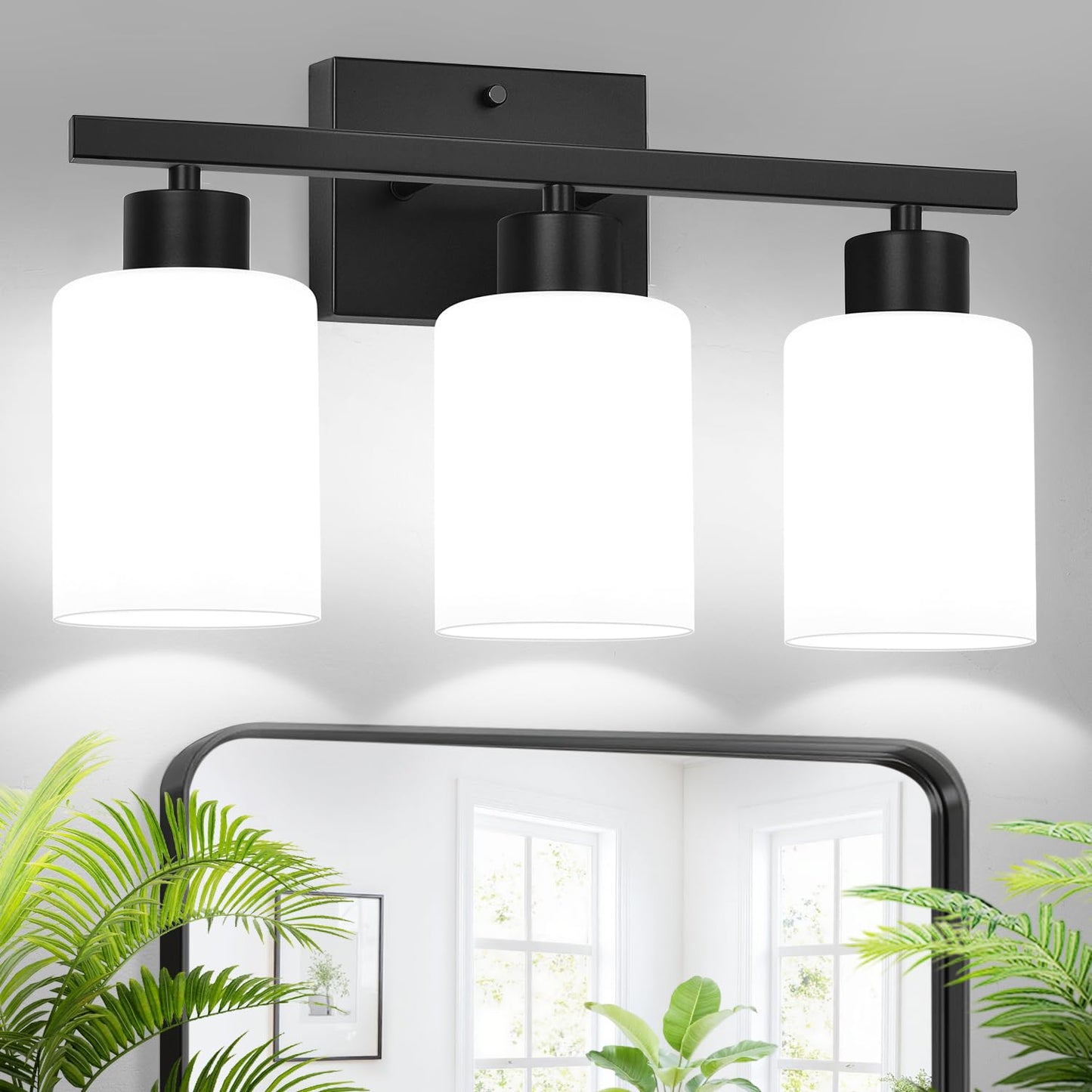 Meybiok 3-Light Bathroom Light Fixtures  Black Vanity Lighting Fixtures With Milky White Frosted Glass Shades  Bathroom Wall Lamp With E26 Socket  For Mirror  Living Room  Bedroom