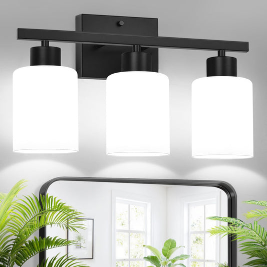 Meybiok 3-Light Bathroom Light Fixtures  Black Vanity Lighting Fixtures With Milky White Frosted Glass Shades  Bathroom Wall Lamp With E26 Socket  For Mirror  Living Room  Bedroom
