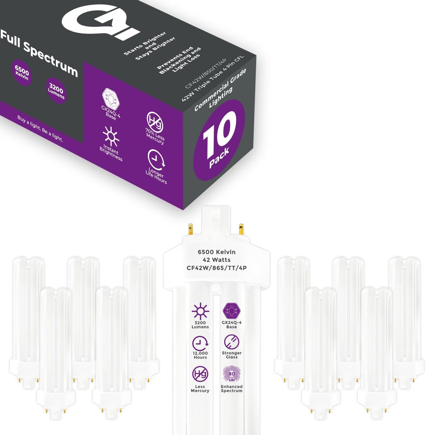 GoodBulb 42W CFL Light Bulbs 4 Pin GX24Q-4 Base 6500K Full Spectrum 10 Pack