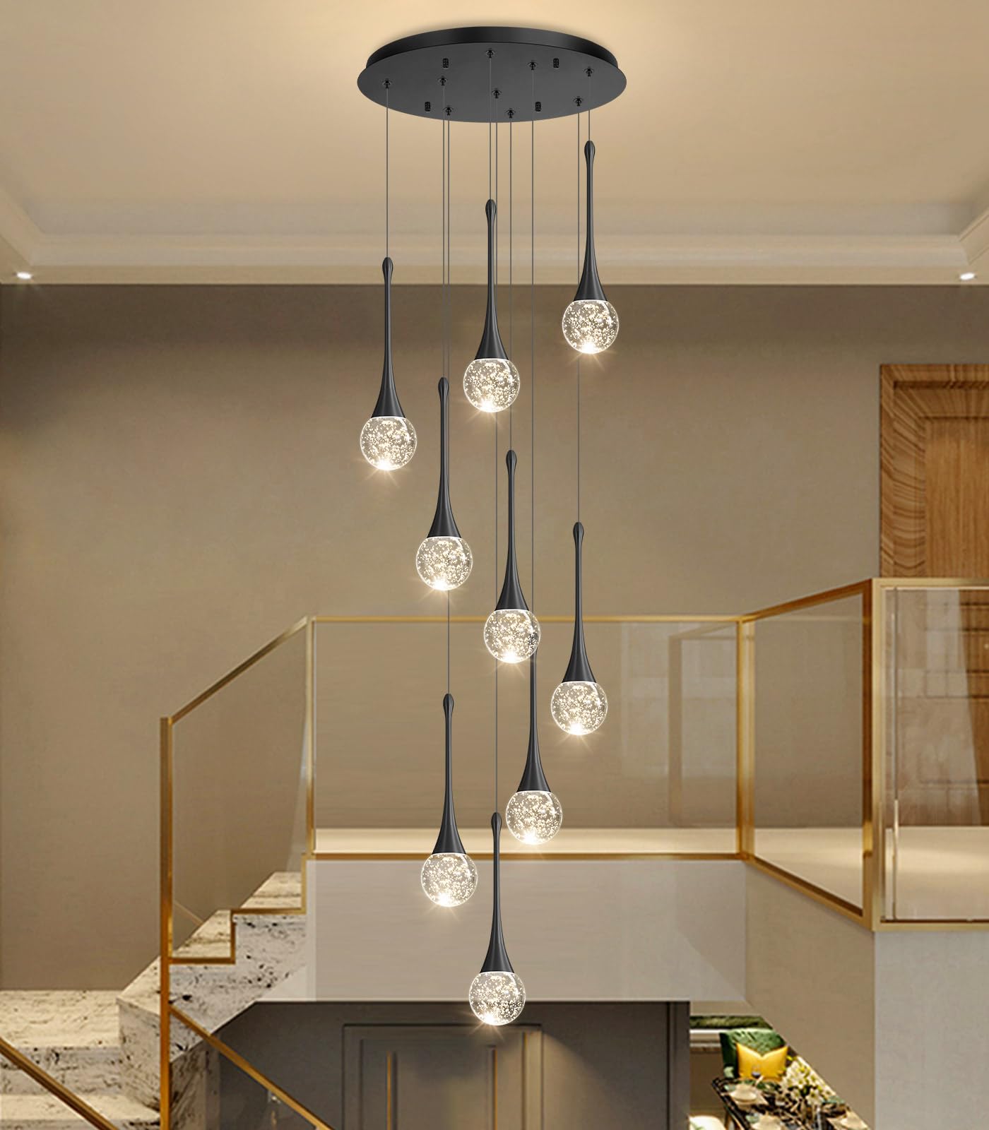 9 Light Modern Glam Crystal Chandelier For High Ceiling Led Dimmable Ceiling Pendant Light Staircase Foyer Enterway Living Room Chandelier Lighting Antique Black