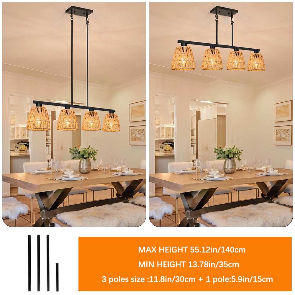 Black 4-Light Kitchen Island Lighting  Boho Rattan Dining Room Light Fixture  Farmhouse Island Light For Kitchen With Shade  Adjustable Linear Chandelier Pendant Lights Kitchen Island Over Bars  Table