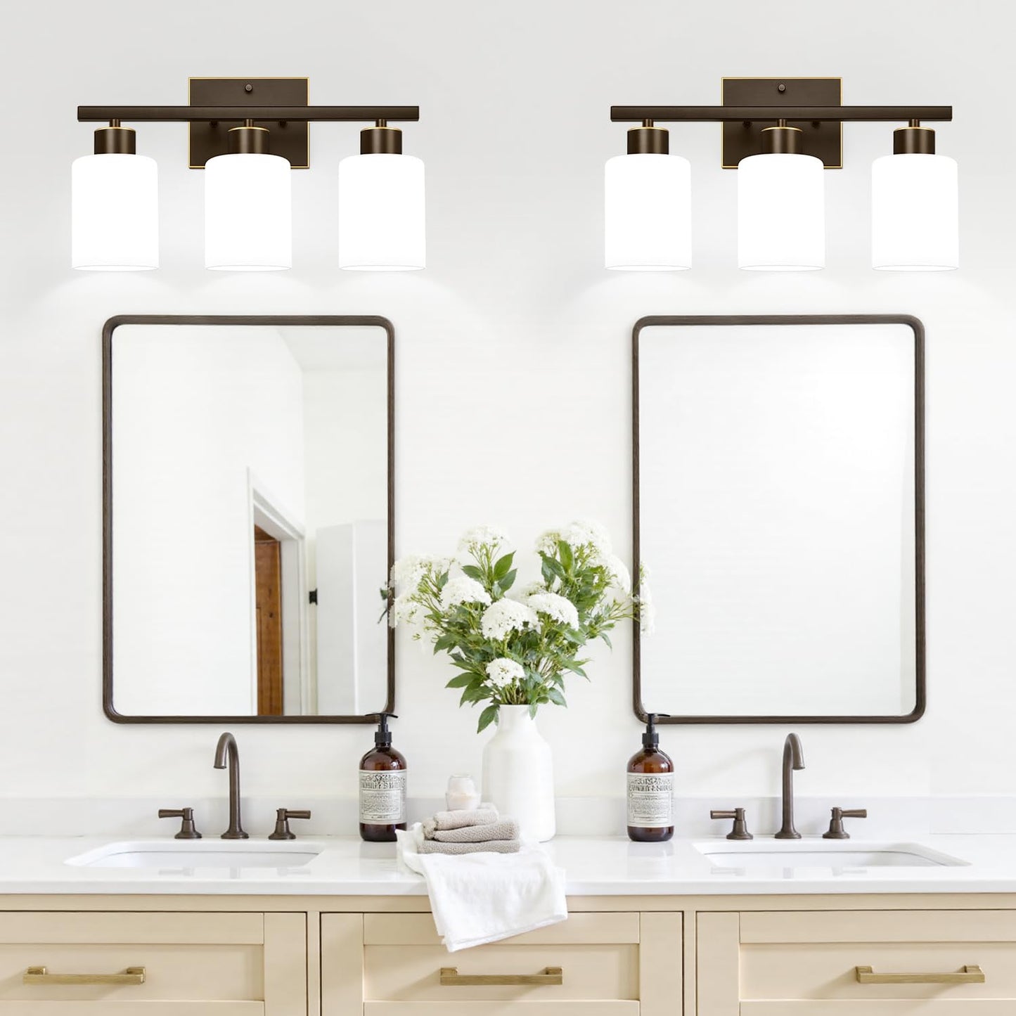 3-Light Bathroom Light Fixtures  Brown And Gold Vanity Light With Milky White Frosted Glass Shades  Modern Vanity Lighting Fixtures For Bathroom  Mirror  Bedroom  Hallway  Living Room