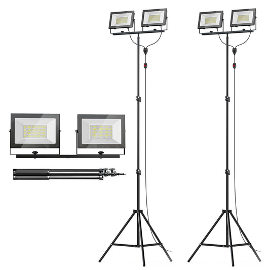 Livowalny 22000 Lm Led Work Light With Stand Pack Of 2  220W 2 Adjustable Head Tower Light With 13Ft Cord  Portable Ip65Waterproof Tripod Flood Light For Job Site Workshop Garage Construction Lighting