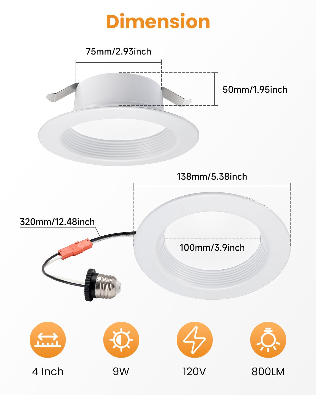 Retrofit Recessed Lighting 4 Inch - 5Cct Selectable  Dimmable Can Lights With Baffle Trim  Smooth Trim  9W  800Lm  Damp Rated  4Inch 12P Black