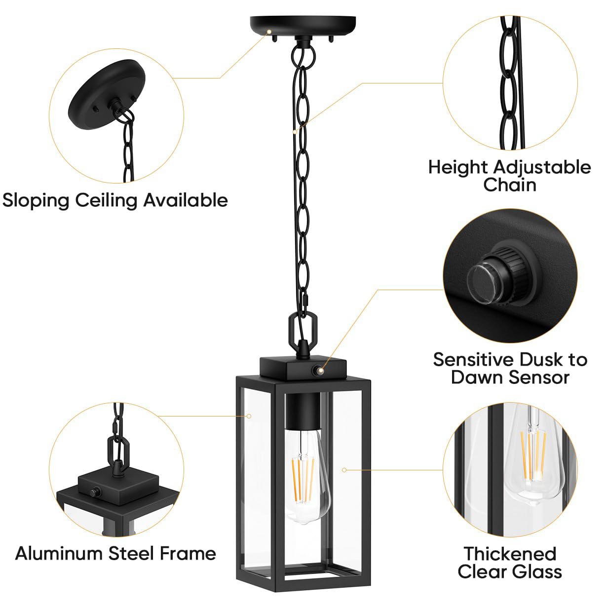 Aoceley Dusk To Dawn Outdoor Pendant Light  Modern 1-Light Outdoor Hanging Lantern  Matte Black Aluminum With Clear Glass  Exterior Pendant Lighting Fixture For Porch