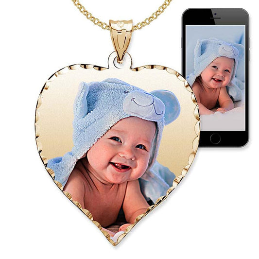 PicturesOnGold.com Personalized Photo Engraved Heart Shaped Picture Necklace with Diamond Cut Edge in Silver, Gold, White Gold or Rose Gold - 1 Inch x 1 Inch