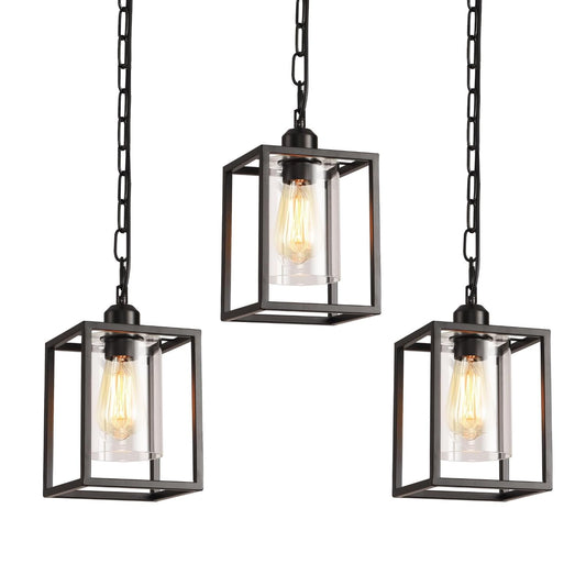 3 Pack Farmhouse Pendant Light Black Metal Frame Hanging Light Fixture With Clear Glass Shade  Adjustable Chains Industrial Mini Pendant Lighting For Kitchen Island Entryway Porch Foyer