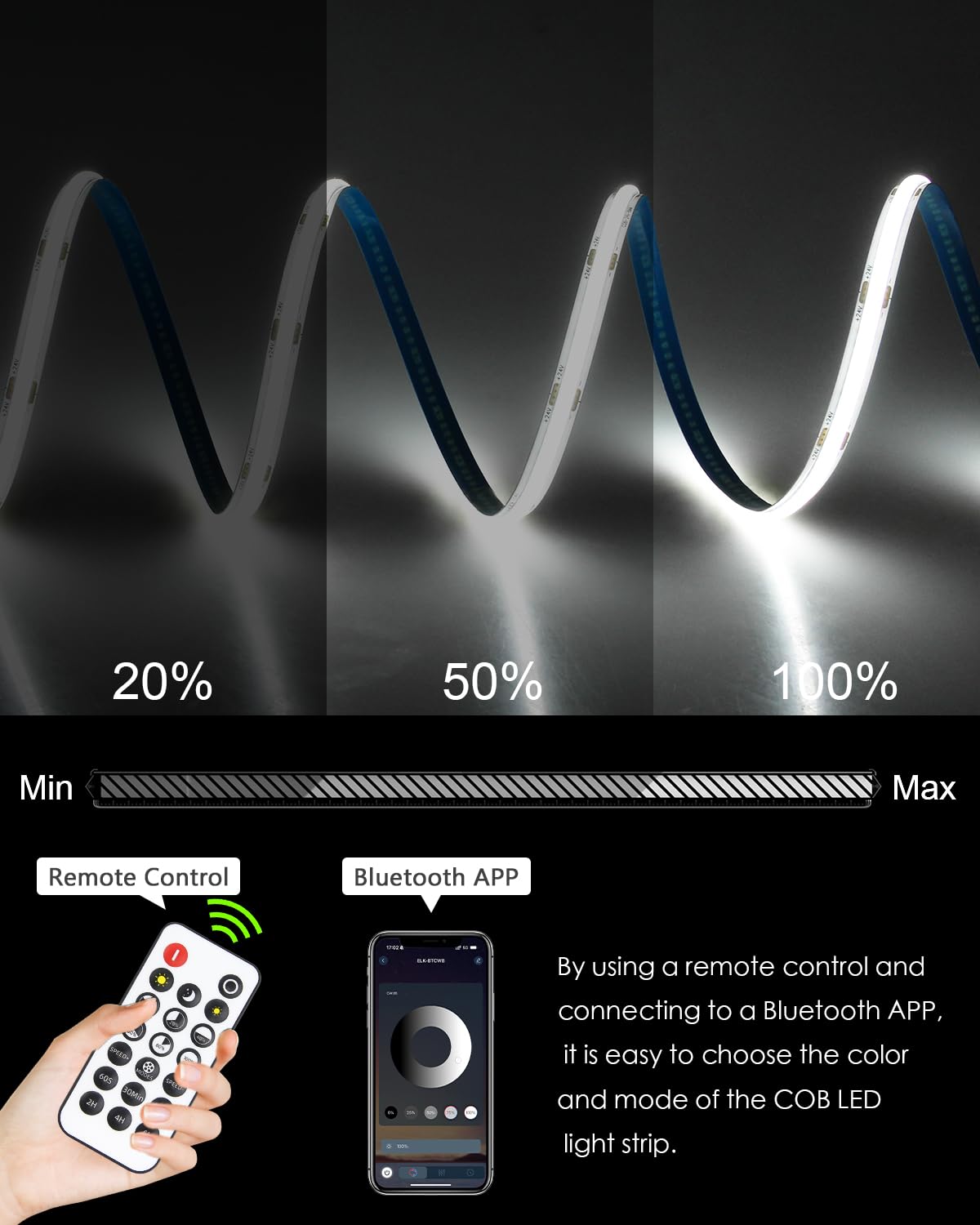 Dimmable Cob Led Strip Lights For Bedroom 24V 6500K 100Ft 480Led/M Hight Density Bright White Bluetooth Flexible Cob Led Tape Lights With Remote Cold White Cri90+ For Cabinet Home Lighting 30M/2Roll