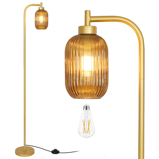 Lamsu Glass Floor Lamps For Living Room  Vintage Gold Standing Lamp With Led Bulb  Amber Stripe Glass Shade  Foot Switch  Mid Century Modern Brass Tall Corner Lamp For Bedroom Office Reading Room