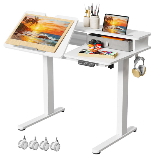 White Standing Desk，60° Tiltable Height Adjustable Electric Rising Desk，40Inch Foldable Mobile Laptop Table with Shelf,Monitor Stand, Drawer ,Flippable Drafting Workstation on Wheels for Kids’ Drawing