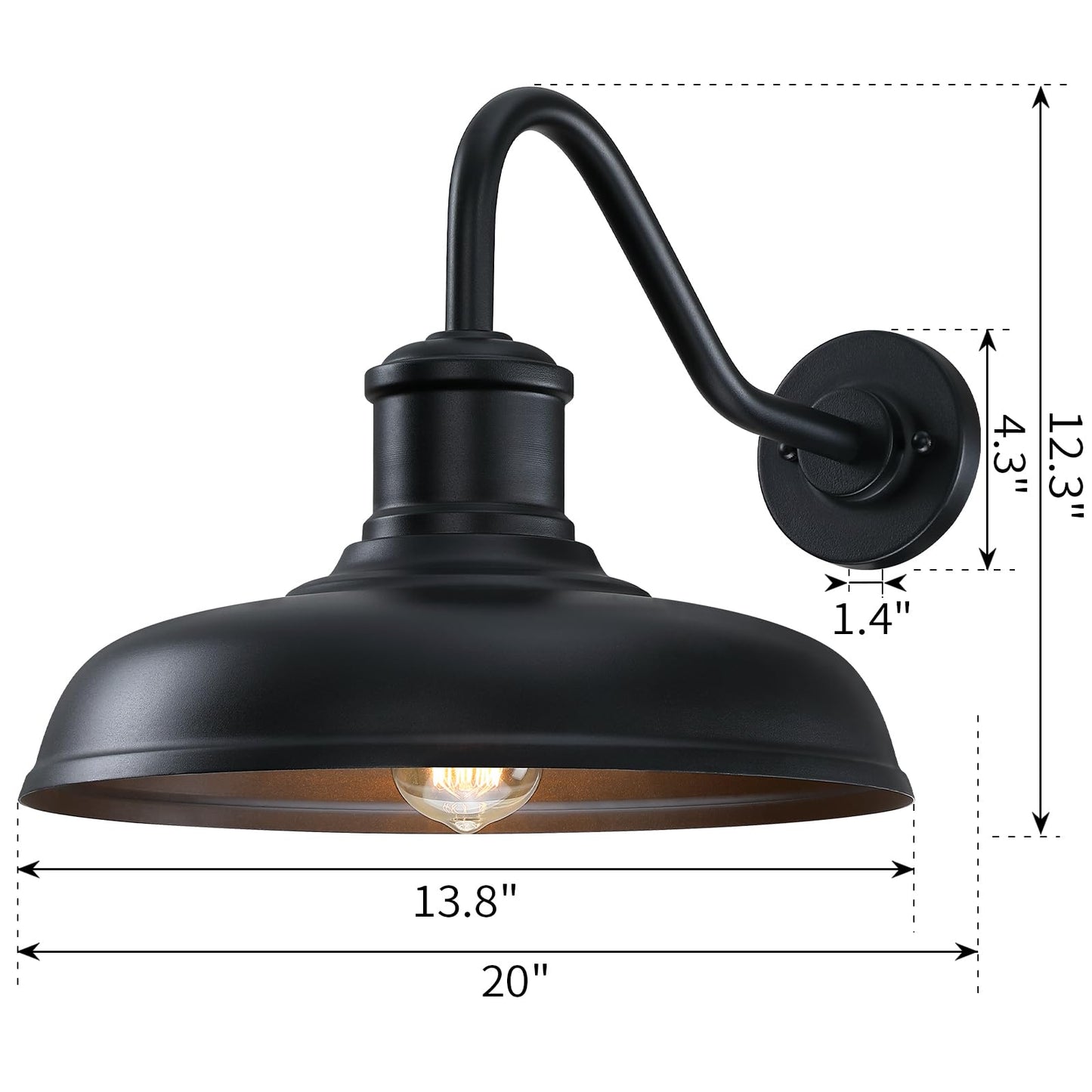 13.8 Diameter Large Outdoor Gooseneck Barn Light 2 Packs  Outdoor Wall Sconce Farmhouse Exterior Light Wall Lighting Fixture Industrial Outside Lantern For Porch  Patio  Garage  Black (No Sensor)