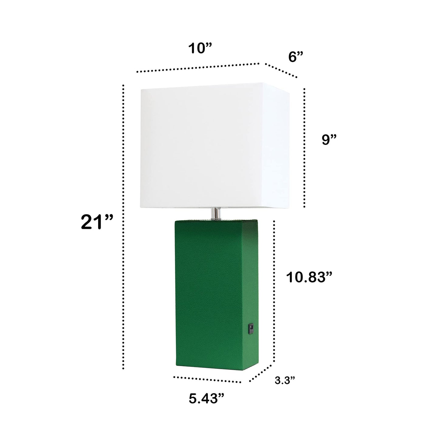 LALIA HOME 21in Leather Base Bedside Table Lamp with USB Charging Port, Green, Model LHT-3012 Family for Living Room, Bedroom, Office