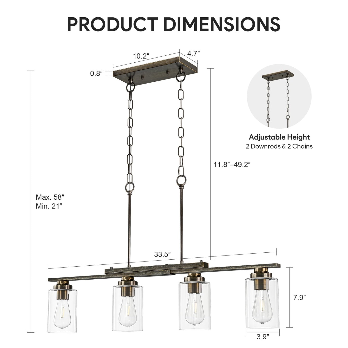 Vonluce Kitchen Island Lighting  4-Light Dining Room Light Fixture Over Table With Glass Shade And Adjustable Rods  Farmhouse Linear Chandelier For Kitchen Living Room  Antique Black  Etl Certificated