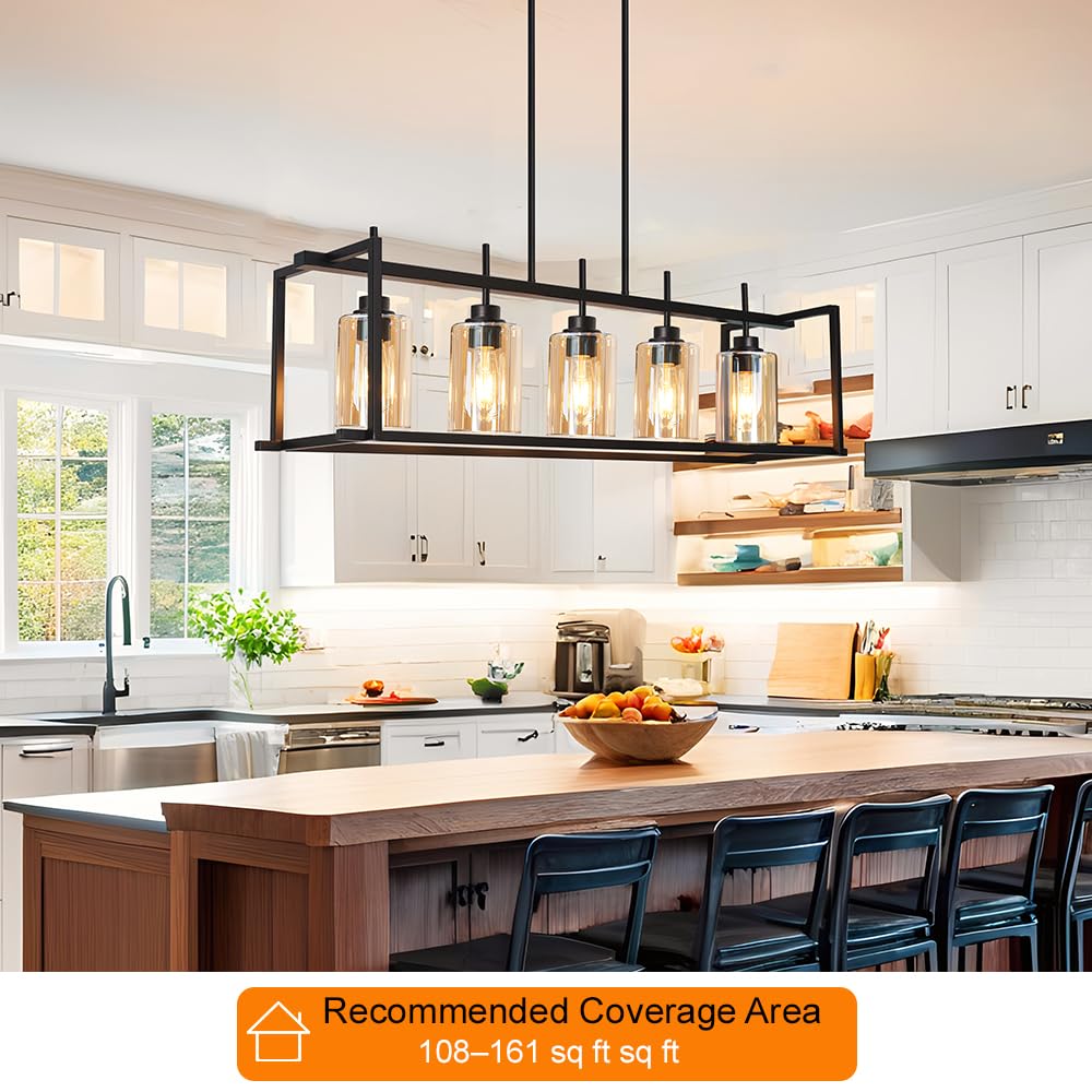 Dsmjfu Matte Black Farmhouse Dining Room Lighting Fixture  5-Light Linear Pendant Lighting  Rectangle Kitchen Light With Amber Glass Shades  Adjustable Height Rectangle Hanging For Kitchen Table